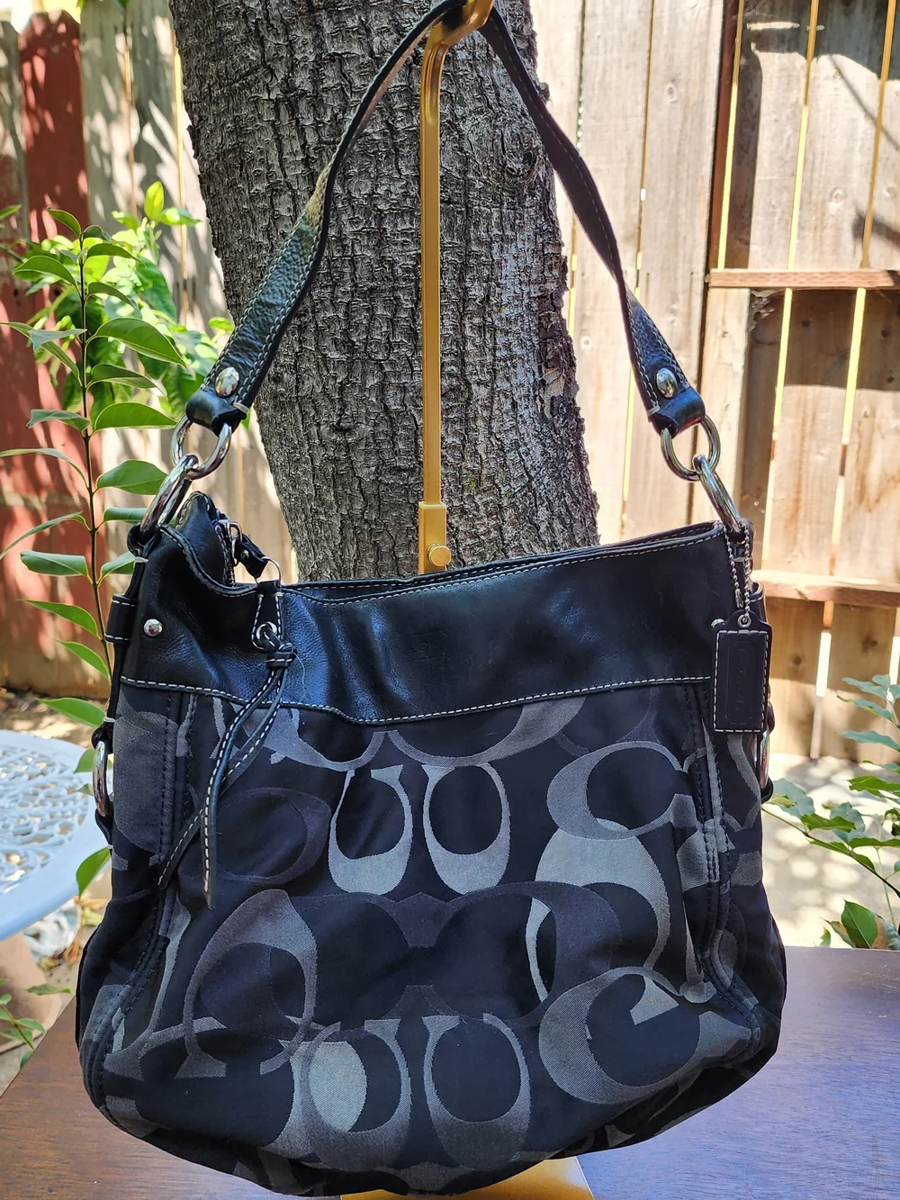 Coach Zoe Optic Signature C Jacquard Hobo Shoulder Bag Black Grey